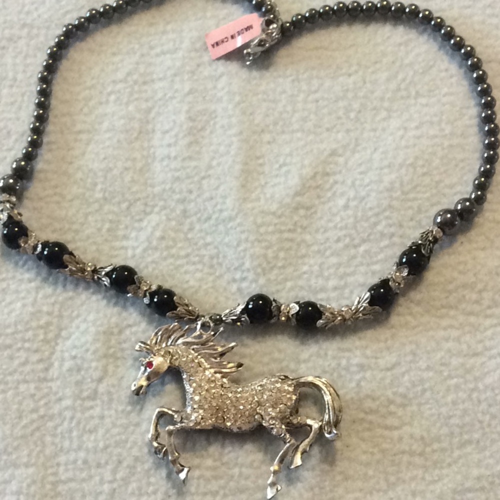 Crystal like stone horse necklace